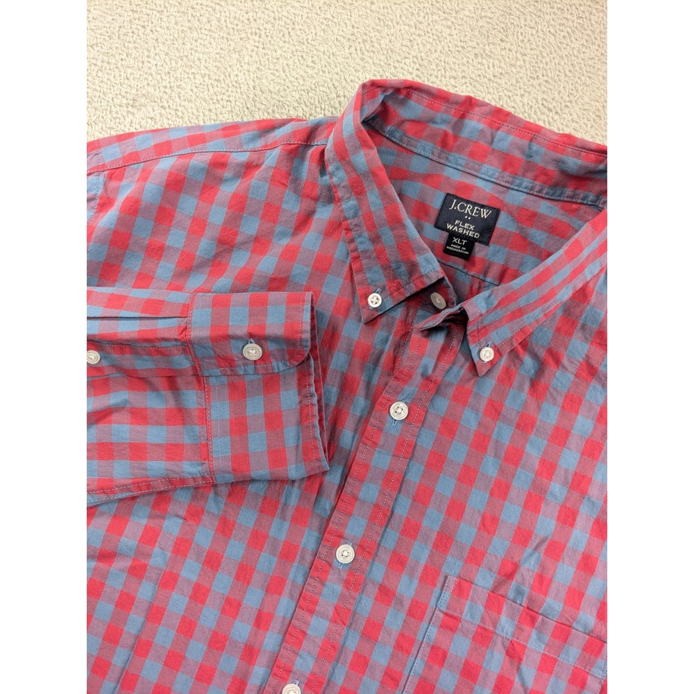 J.Crew Flex Washed Gingham Button Down Shirt Mens XLT Red Blue Long Sleeve